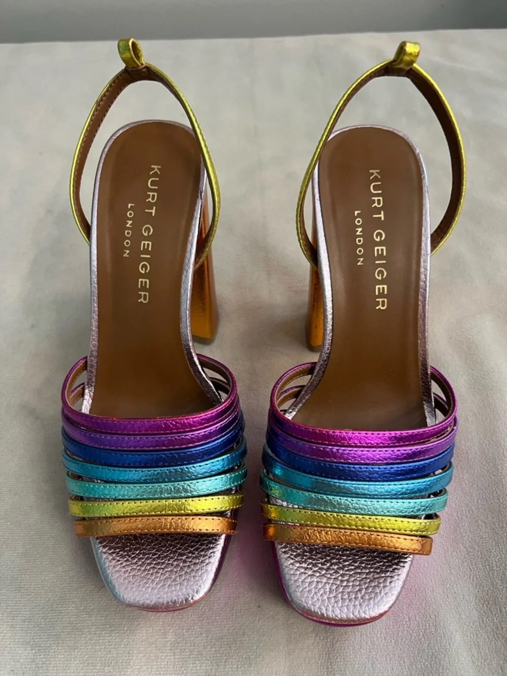 🌈 Kurt Geiger London Rainbow Platform Heels 💖 Metallic Slingback Block Heel 36.5